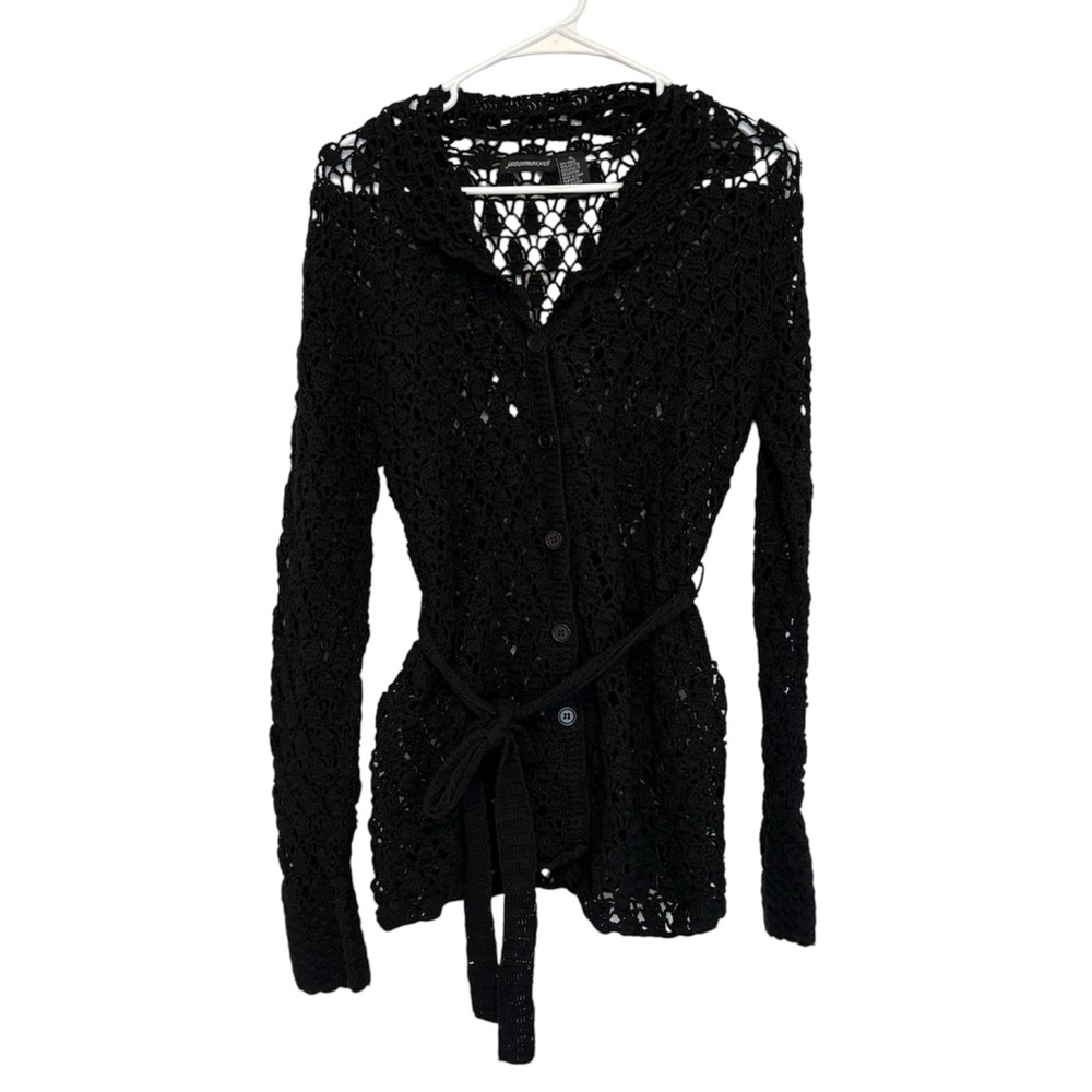 Jason Maxwell Crochet Knit Button Front Cardigan Sweater Tie Waist Black XL
